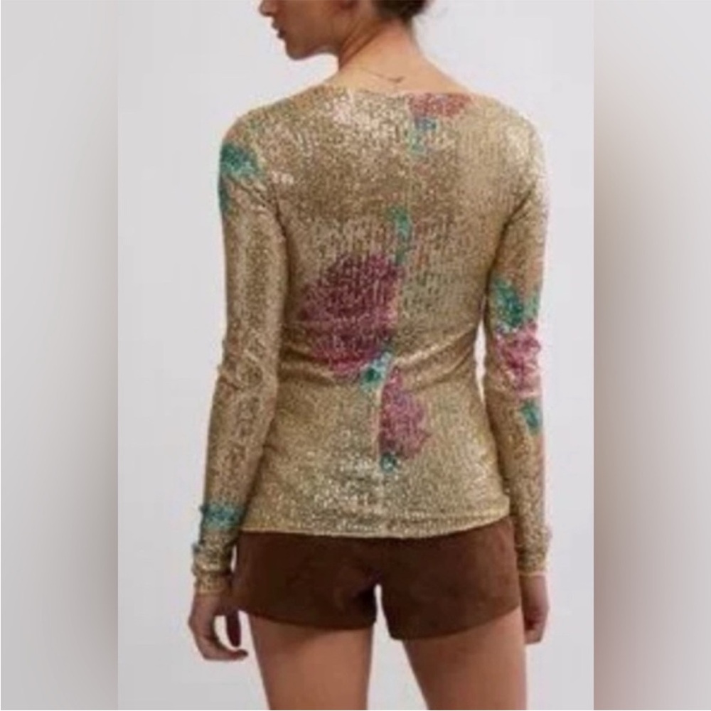 FREE PEOPLE PRINTED GOLD RUSH FLORAL LONG SLEEVE CREW NECK TOP SIZE SMALL NWT - Picture 4 of 12